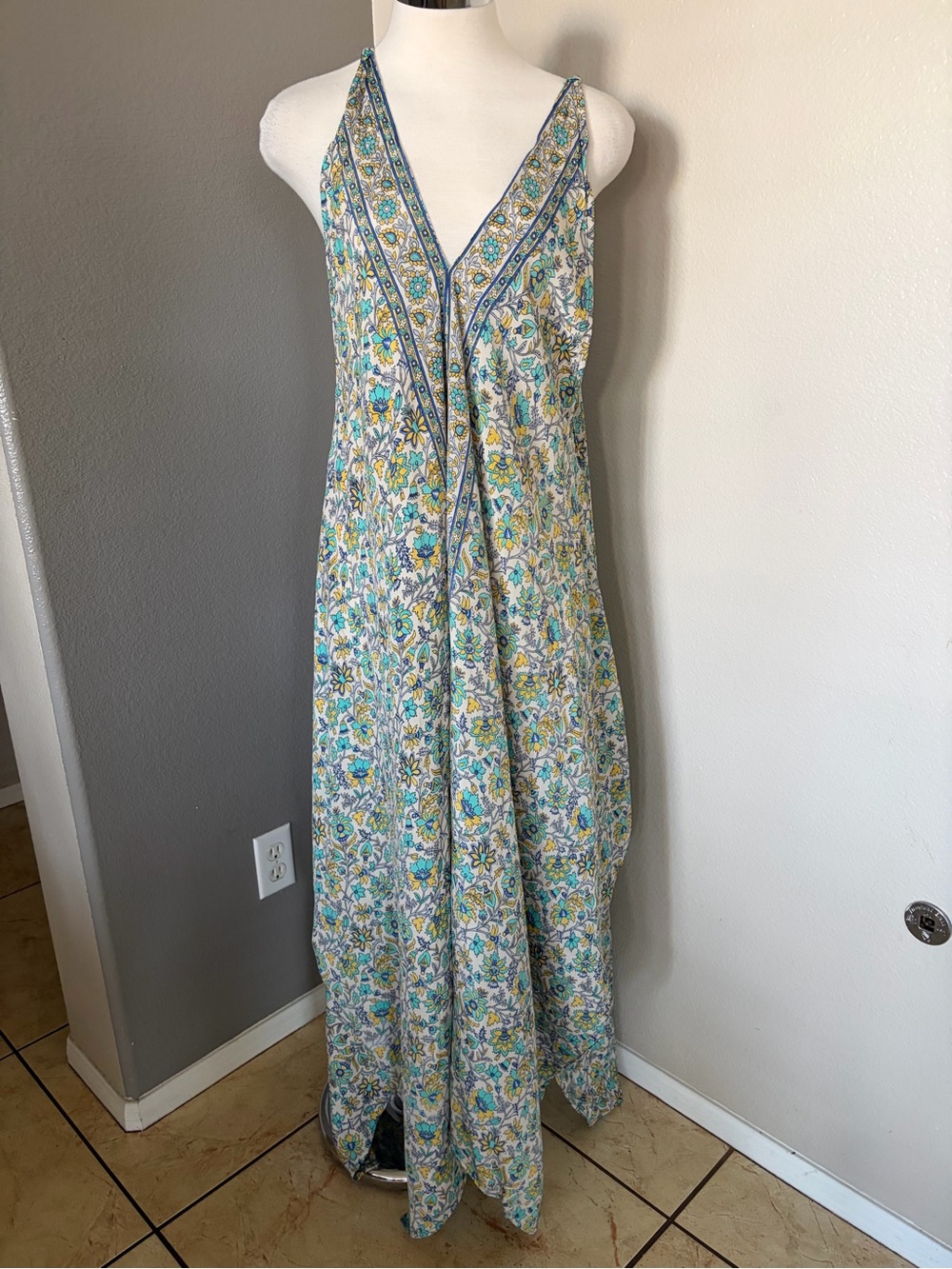 Bohemian Floral V-Neck Maxi Dress in Blue, Yellow, and Green